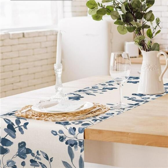 Blue and White Table Runner 13x71 Watercolor Leaves Farmhouse Dining Table Decor - Picture 5 of 8